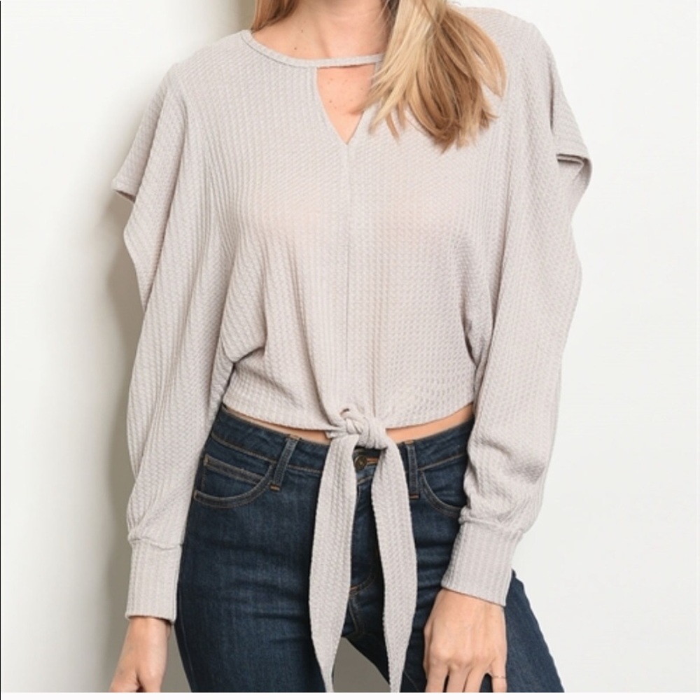 Grey Knit Open Sleeves Tie Front Sweater - Picture 1 of 2